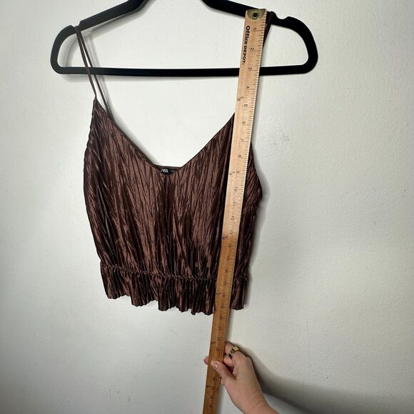 Zara Bronze Brown Travel Crinkle Satin Peplum Tank Spaghetti Strap V-Neck S - Picture 11 of 13